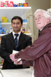 Pharmacist giving self care advice to Donald Hunter, Chair of Haughton Thornley Medical Centres Patient Participation Group